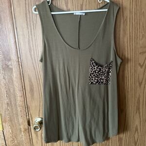 Olive Green Sleeveless Top with Leopard Pocket